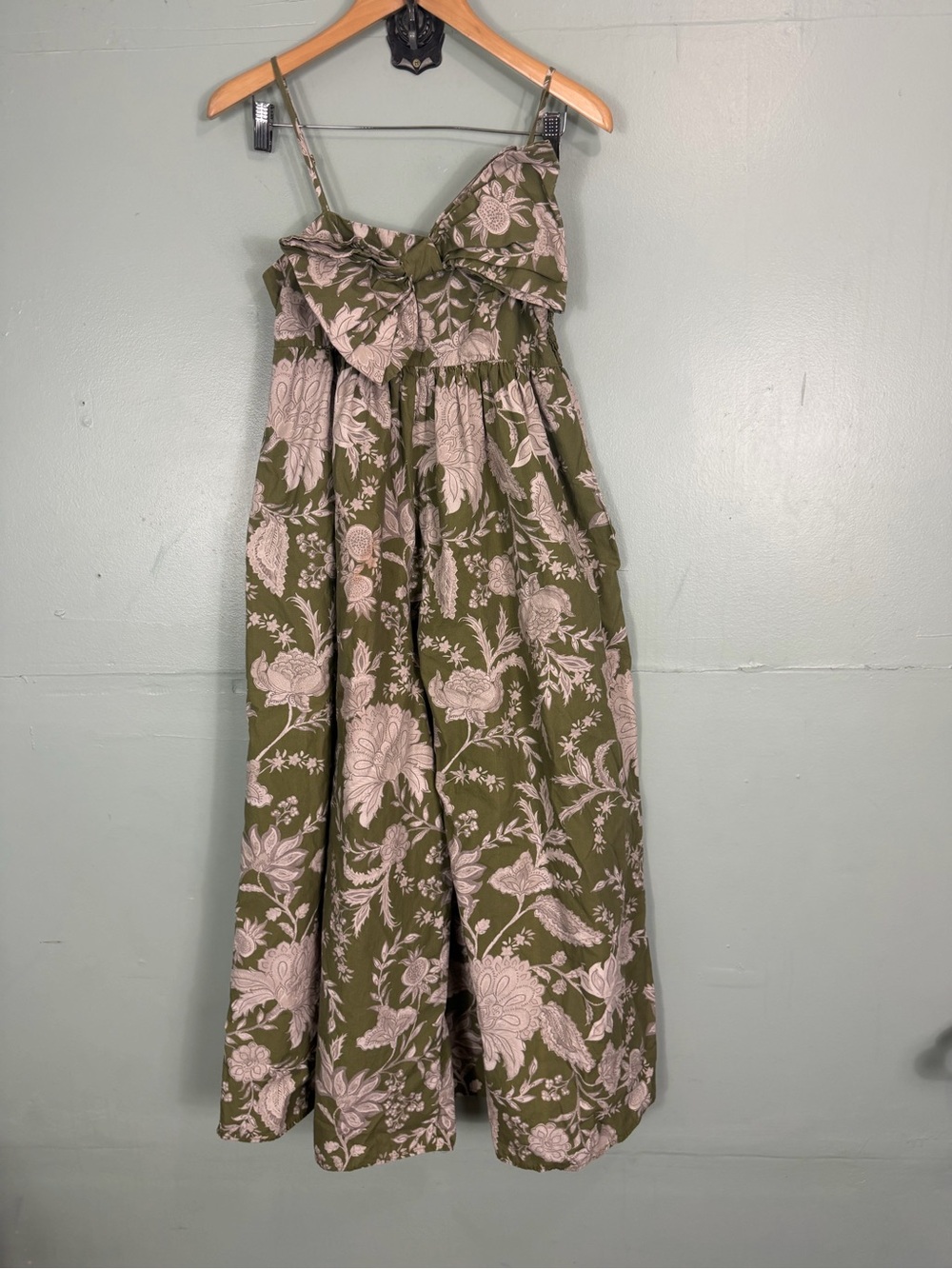 Anthropologie hutch poplin bow jumpsuit green floral small petite FLAWED